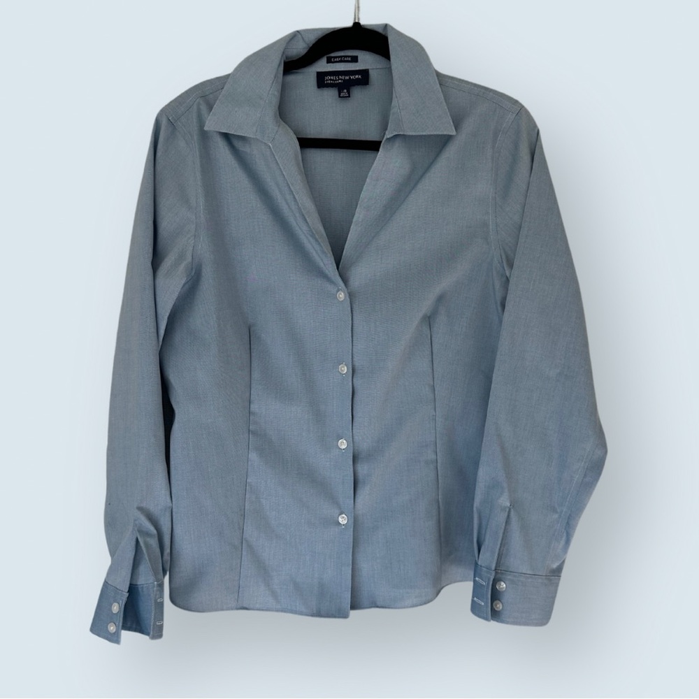 Jones New York Signature Blue Cotton Blouse (Size Large)